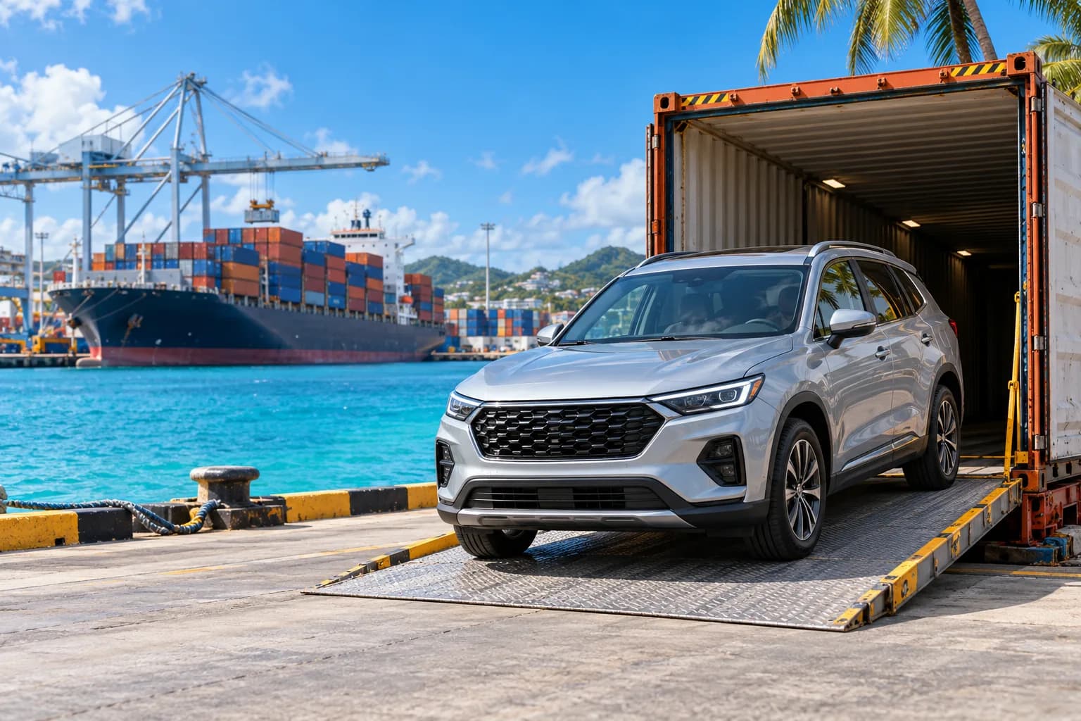 SUV being unloaded from a shipping container at a Caribbean port